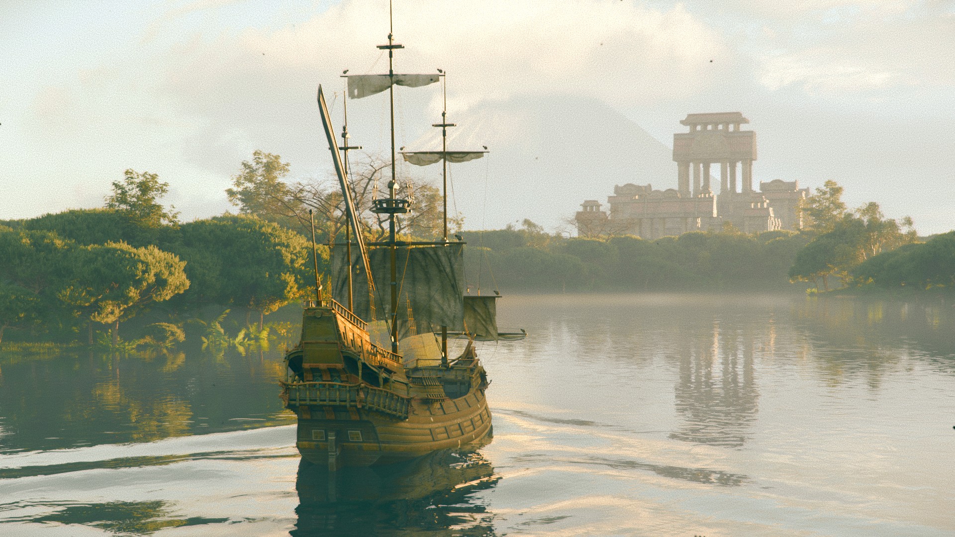An Old Boat Sailing Through a River in the Jungle Towards a Hidden City