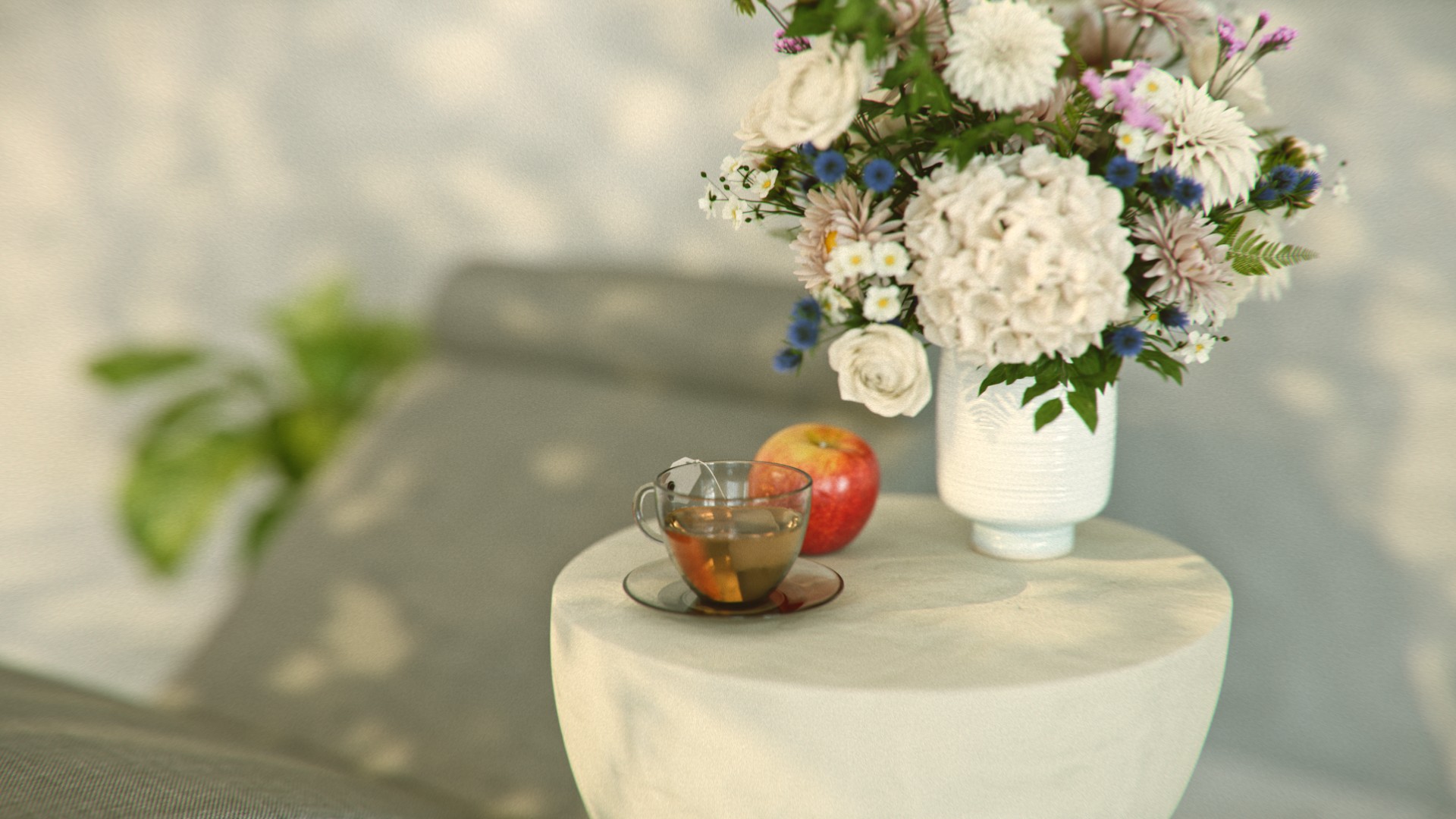 Tea Cup, Apple, and Vase on a Table In a Backyard