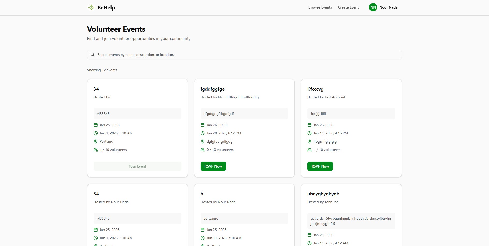 A Picture of the BeHelp Web Application Event's Page With Some Test Events Listed